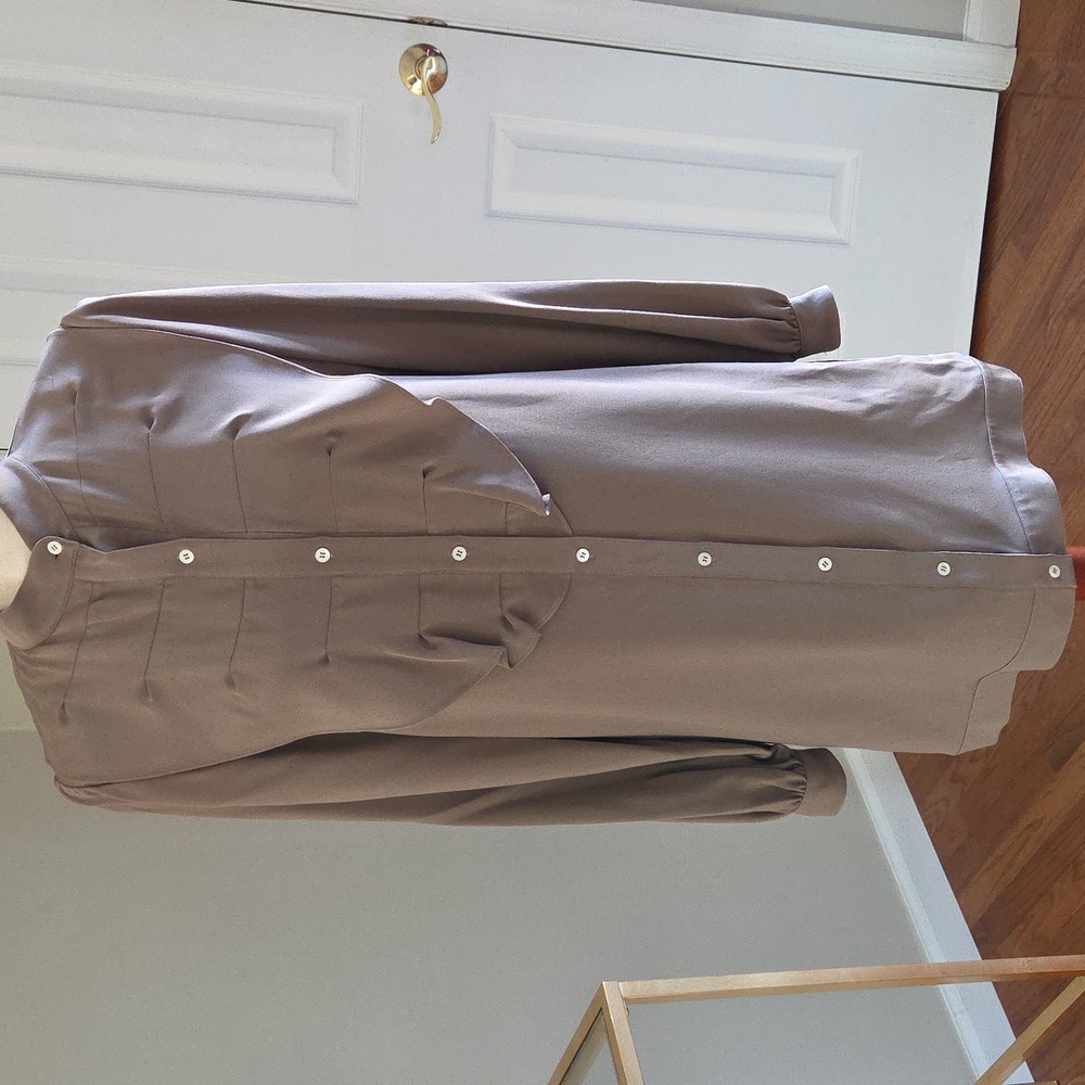 Vintage Georgette Taupe Tuxedo Bib Shirt Dress Secretary Midi